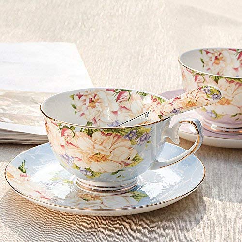 SudaTek Gift Set Vintage Fine Bone China Tea cup Spoon and Saucer Set Gold Trim Fine Dining and Table Décor (Blue rose) - Image 2
