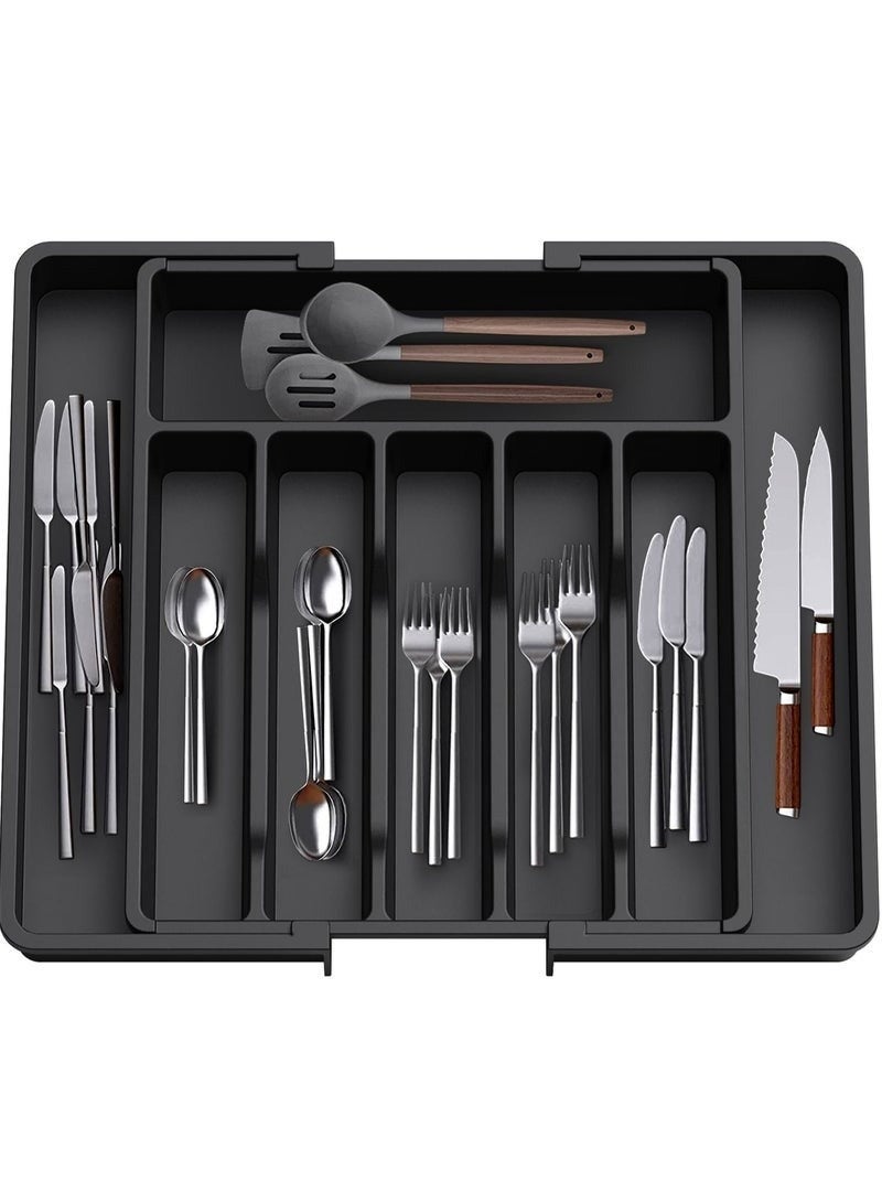 Cutlery organizer for drawers, expandable kitchen utensil tray, BPA-free silverware and cutlery holder, adjustable plastic storage organizer for spoons, forks, and knives, large size, the tray can be extended to organize cutlery and folded to save space, Black, 33-57*38*5 cm - Image 1