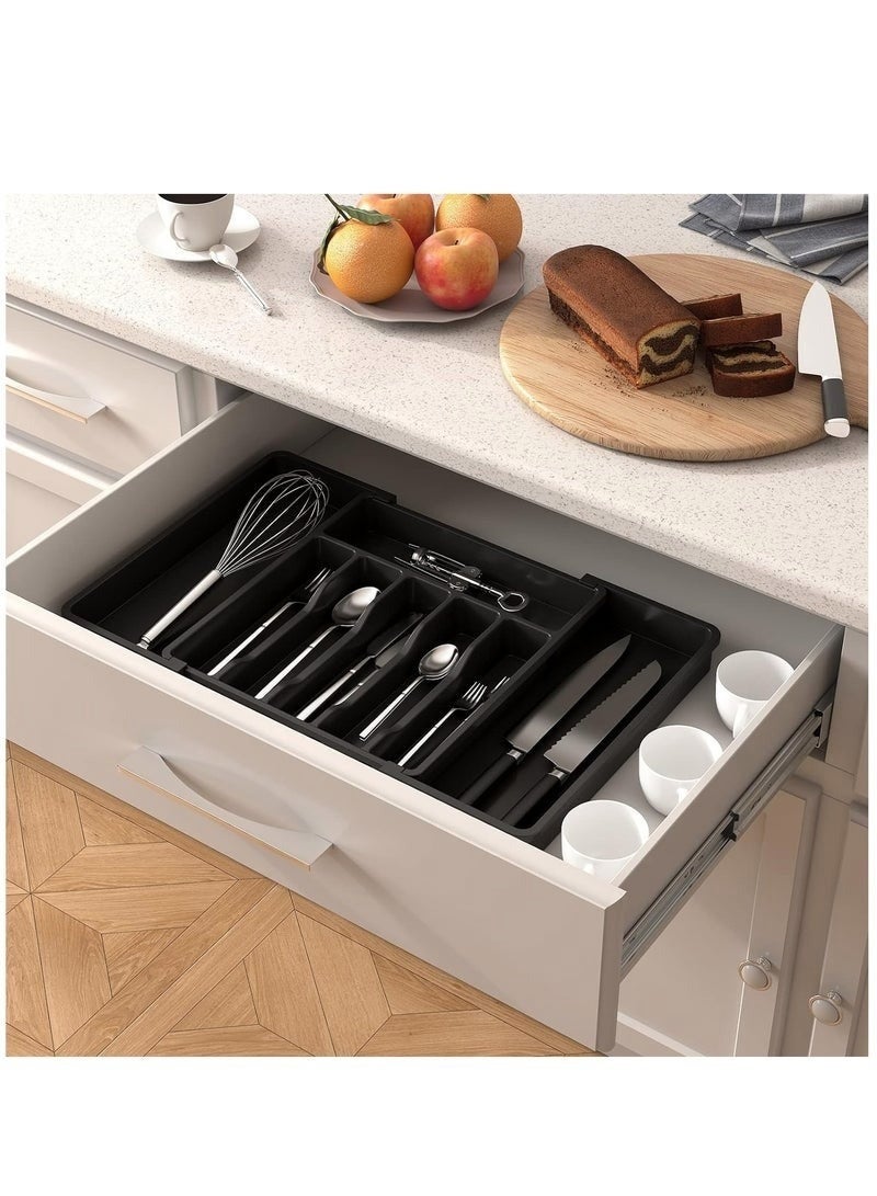Cutlery organizer for drawers, expandable kitchen utensil tray, BPA-free silverware and cutlery holder, adjustable plastic storage organizer for spoons, forks, and knives, large size, the tray can be extended to organize cutlery and folded to save space, Black, 33-57*38*5 cm - Image 2