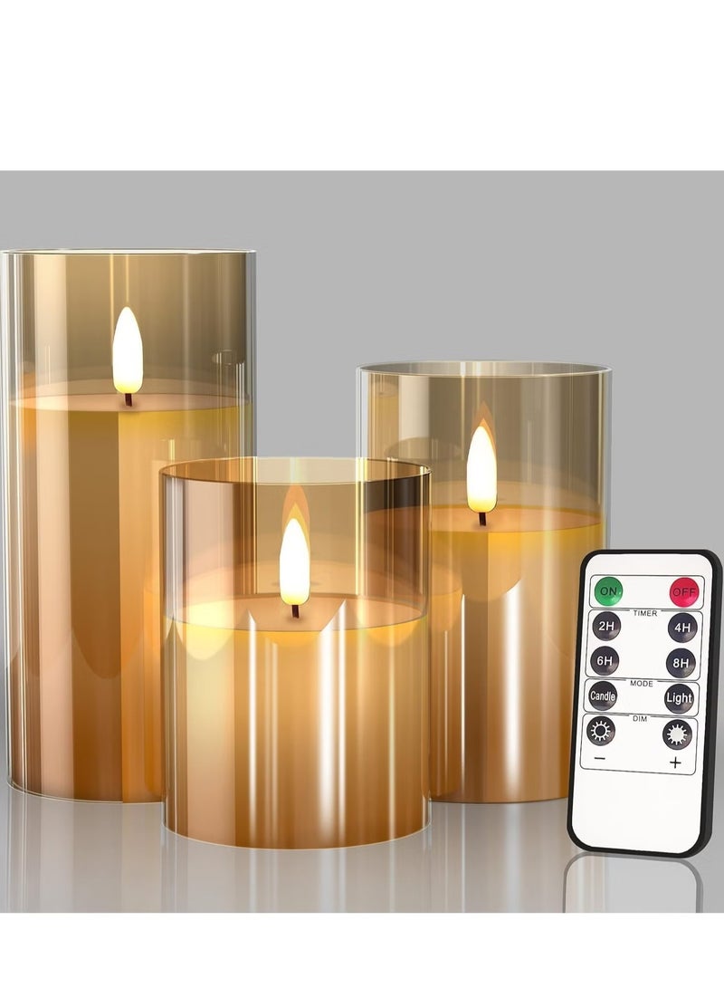 ELTRAZONE Set of 3 Glass LED Flameless Pillar Candles – Real Wax, Flickering Wick, Battery-Powered with Remote & Timer, Elegant Gold Finish for Home, Weddings & Festivals - Image 1