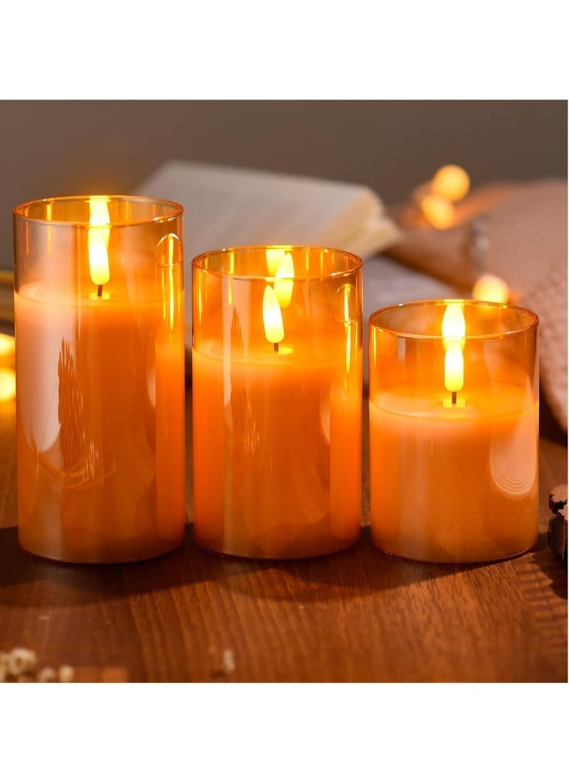 ELTRAZONE Set of 3 Glass LED Flameless Pillar Candles – Real Wax, Flickering Wick, Battery-Powered with Remote & Timer, Elegant Gold Finish for Home, Weddings & Festivals - Image 4