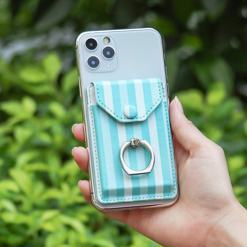 YUNCE Cell Phone Card Holder RFID Ring Stand Stick on Wallet Card Holder for Back of Phone for iPhone Android and All Smartphones Green Striped - Image 5