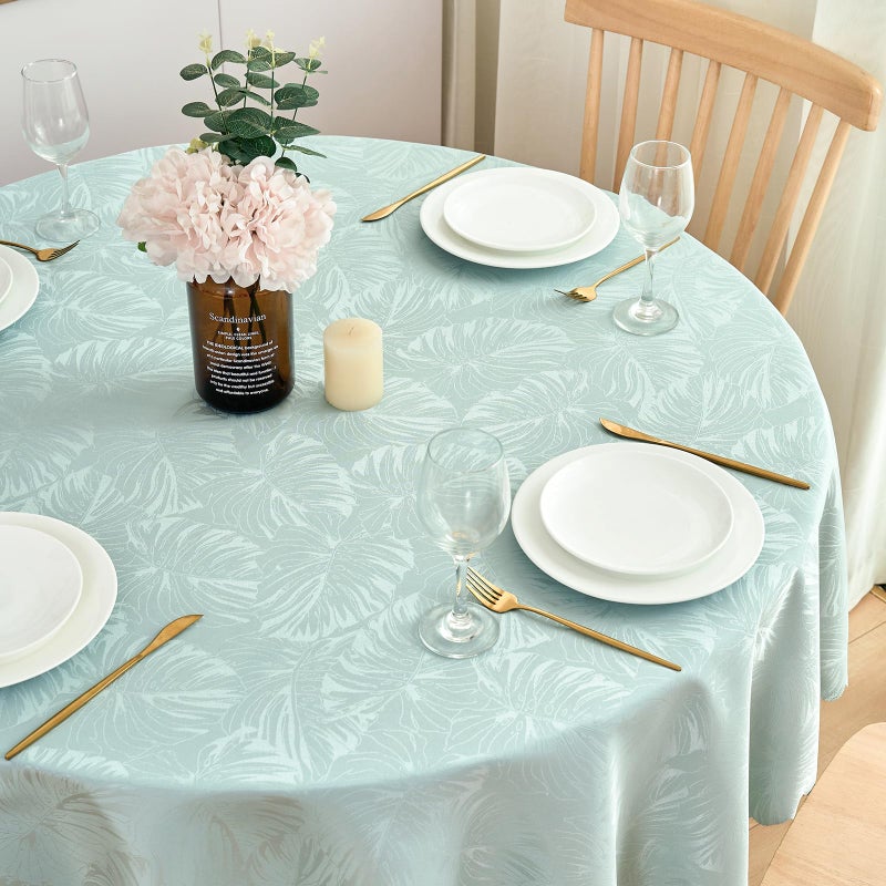 EFFICINATURE Round Tablecloth 60 Inch Jacquard Table Cloths Waterproof Washable Wrinkle Free Leaves Soft Fabric Tables Cover for 20-48â€Table-Dinning Outdoor Birthday Party Kitchen & Linens(Aqua) - Image 1