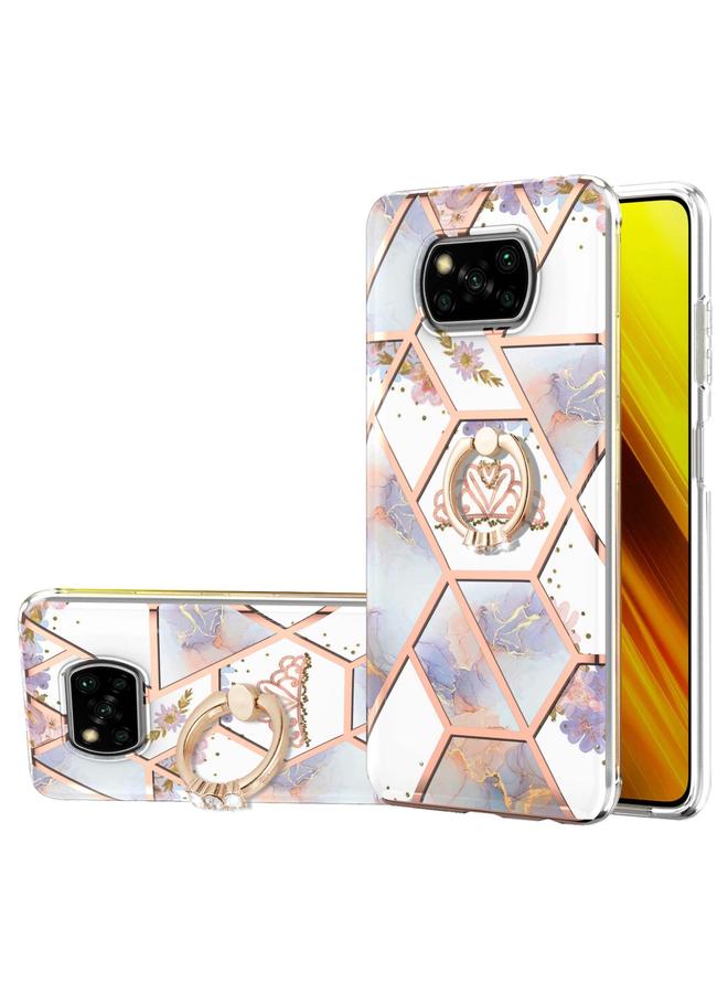 Case For Xiaomi Poco X3 NFC Electroplating Splicing Marble Flower Pattern TPU Shockproof Case with Rhinestone Ring Holder
