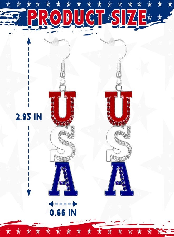 Fullive Patriotic Earrings, Enamel Paint USA Earring, Hypoallergenic Pave Crystal Dangle Stud 4th of July Jewelry Accessories - Image 2