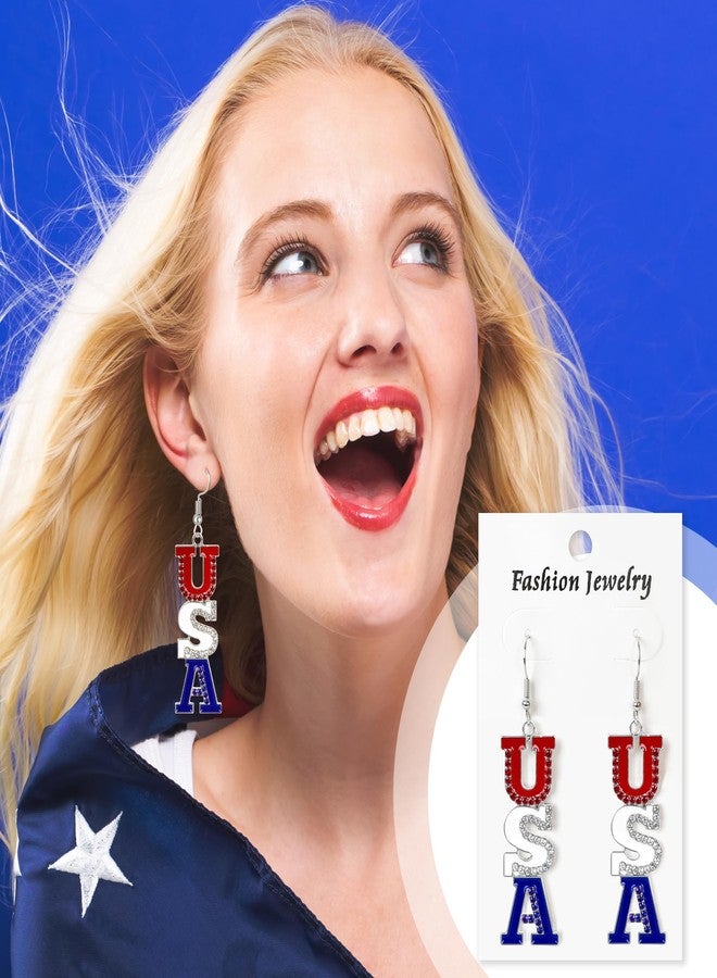 Fullive Patriotic Earrings, Enamel Paint USA Earring, Hypoallergenic Pave Crystal Dangle Stud 4th of July Jewelry Accessories - Image 5