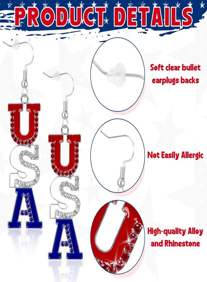 Fullive Patriotic Earrings, Enamel Paint USA Earring, Hypoallergenic Pave Crystal Dangle Stud 4th of July Jewelry Accessories - Image 3