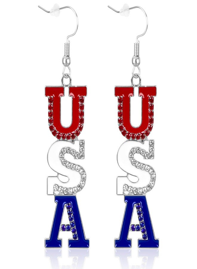 Fullive Patriotic Earrings, Enamel Paint USA Earring, Hypoallergenic Pave Crystal Dangle Stud 4th of July Jewelry Accessories - Image 1