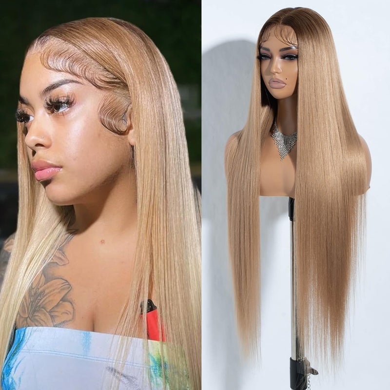 Joedir 34 Long Yaki Straight Lace Front Synthetic Wigs Middle Part HD Transparent Glueless Lace Wig Heat Resistant Fiber Pre Plucked Hairline with Baby Hair Wig for WomenOmbre Brown to Blonde Color