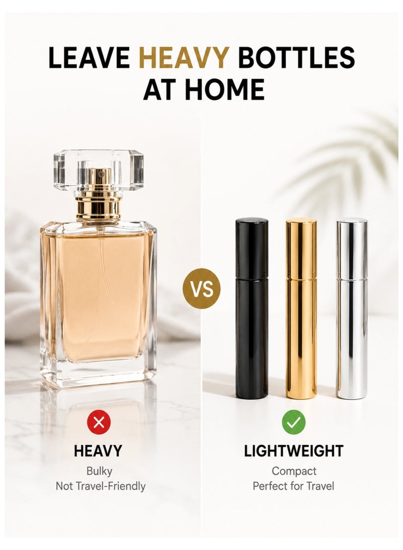 مجموعة عبوات عطر قابلة لإعادة التعبئة 3 قطع سعة 10 مل، بخاخ عطر محمول للسفر، تصميم مانع للتسرب، ألوان ذهبي وفضي وأسود - Image 5