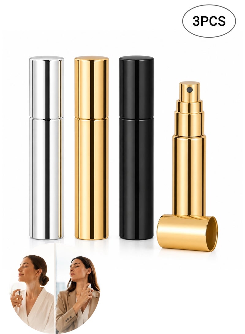 مجموعة عبوات عطر قابلة لإعادة التعبئة 3 قطع سعة 10 مل، بخاخ عطر محمول للسفر، تصميم مانع للتسرب، ألوان ذهبي وفضي وأسود - Image 1
