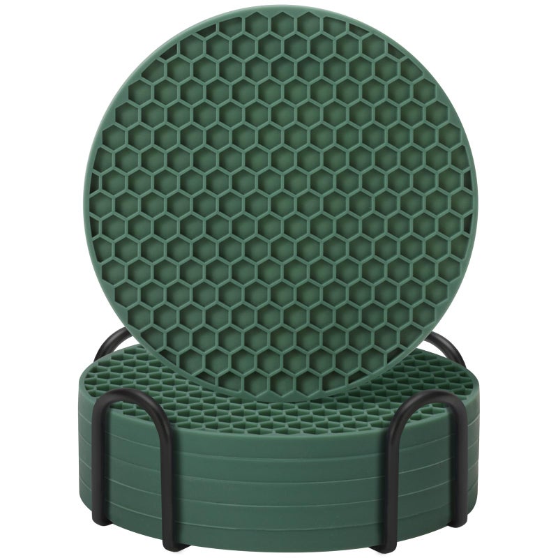 TWTLi Coasters Set of 6 with Holder Coasters for Drinks Coffee Table Decor Coaster Suitable for Kinds Cups Anti-Slip Non-Stick Silicone Cup Coaster and Living Room Decor(6 Pcs  Green)  - Image 1