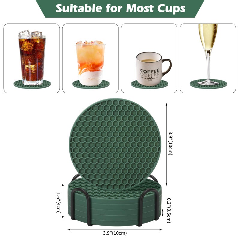 TWTLi Coasters Set of 6 with Holder Coasters for Drinks Coffee Table Decor Coaster Suitable for Kinds Cups Anti-Slip Non-Stick Silicone Cup Coaster and Living Room Decor(6 Pcs  Green)  - Image 4