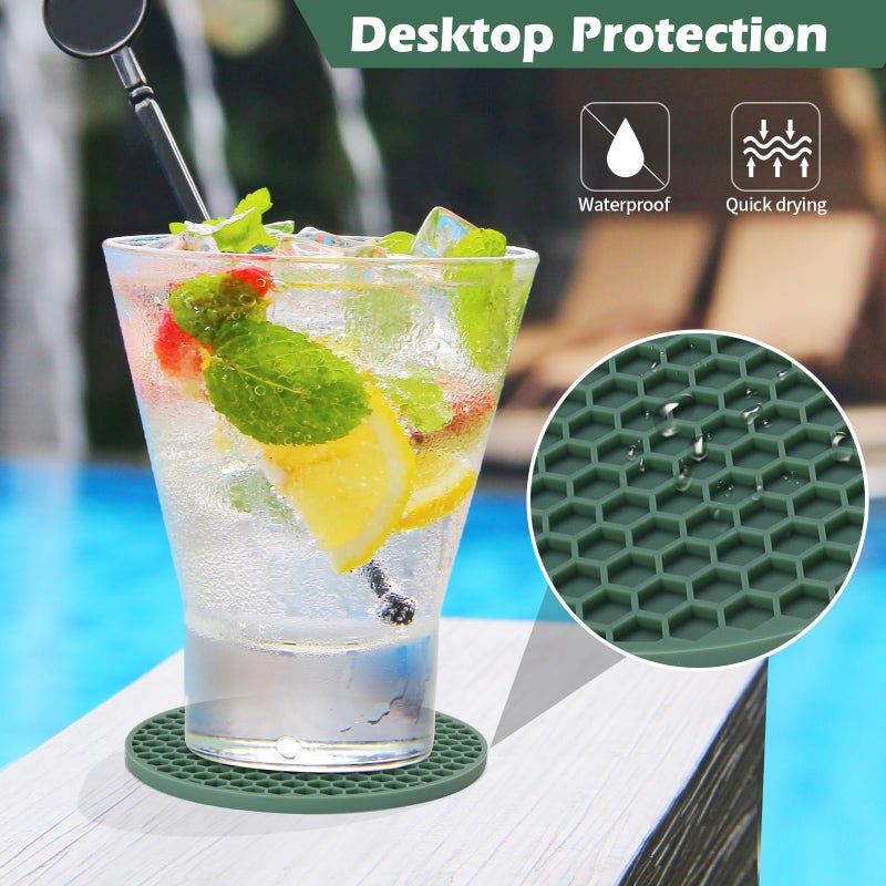 TWTLi Coasters Set of 6 with Holder Coasters for Drinks Coffee Table Decor Coaster Suitable for Kinds Cups Anti-Slip Non-Stick Silicone Cup Coaster and Living Room Decor(6 Pcs  Green)  - Image 3
