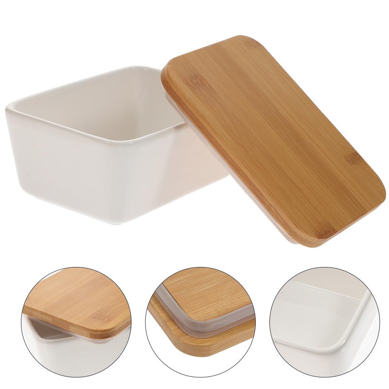 Porcelain Butter Dish With Wooden Lid Kitchen Dining Tableware Storage Container - Image 4