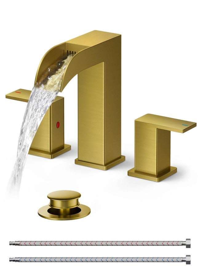 FORIOUS Square Black and Brushed Nickel Bathroom Faucets 3 Hole, Waterfall 8 Inch Widespread Bathroom Sink Faucet with Metal Pop-up Drain and Supply Lines, Two Handles for Vanity, Laundry Room, Basin - Image 1
