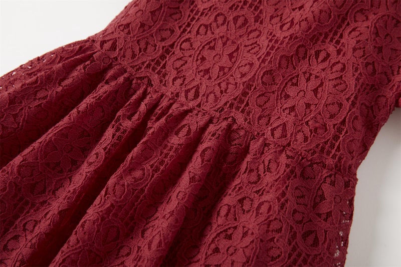 Niyage Tie-Back Toddler Dress Girls Lace Bow Backless Pom Pom Flutter Sleeves Party Princess Dresses Wine Red 130 - Image 2