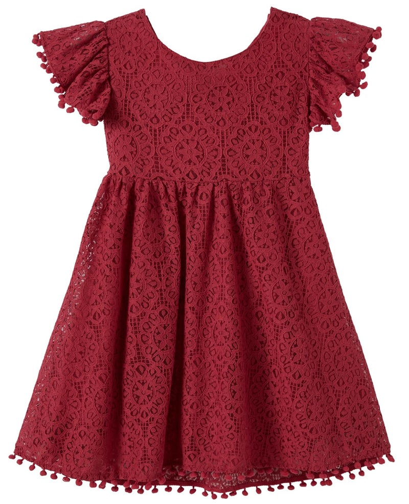 Niyage Tie-Back Toddler Dress Girls Lace Bow Backless Pom Pom Flutter Sleeves Party Princess Dresses Wine Red 130 - Image 3