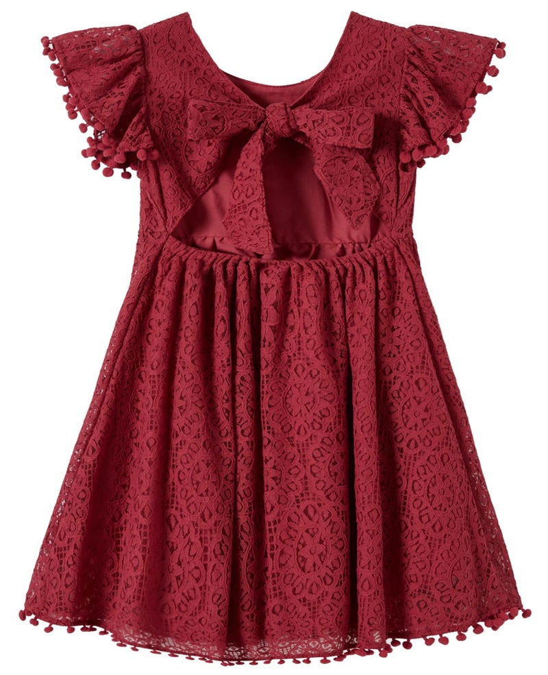 Niyage Tie-Back Toddler Dress Girls Lace Bow Backless Pom Pom Flutter Sleeves Party Princess Dresses Wine Red 130 - Image 1