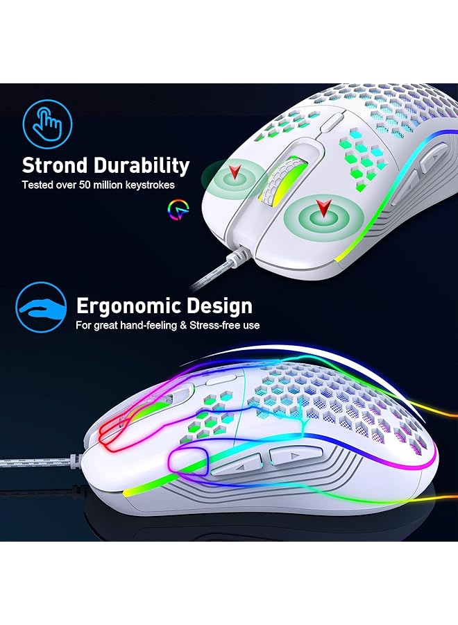 Wired Gaming Mouse Rgb Backlighting And 7200 Adjustable Dpi Ergonomic And Lightweight Usb Computer Mouse With High Precision Sensor For Windows Pc  Laptop (White) - Image 3