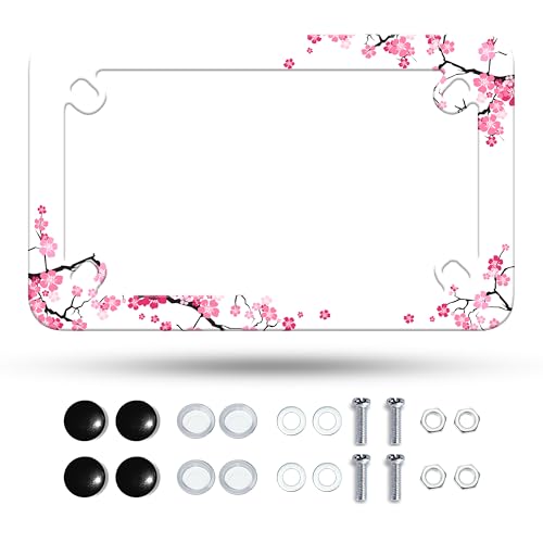 Omw2fyb Motorcycle Cherry Blossom License Plate Frame Sakura Flowers Stainless Steel Material Funny Motorbike License Plate Holder Motorcycle Accessories 7 X 4 Inch - Image 1