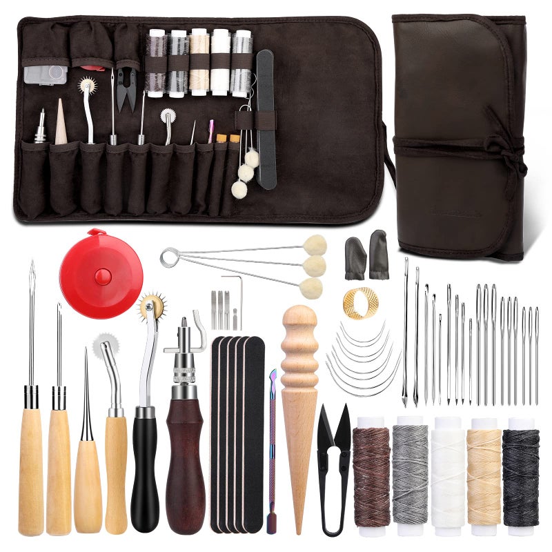 NAMOON 55 Pcs Leather Sewing Kit Leather Working Tools Set DIY Craft Tools with Wool Daubers Sewing Awl Stitching Groover Waxed Thread Upholstery Repair Kit for DIY Craft Making