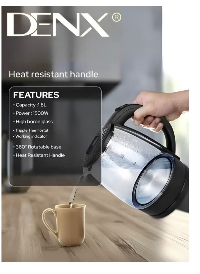 Denx Glass Electric Kettle Capacity 1.8 liters 1500 watts - Image 1