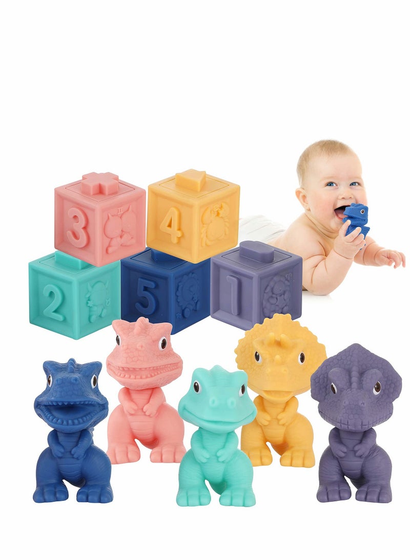 Excefore Baby Soft Blocks, Stacking Building Blocks, Teething & Squeezing Dinosaur Toys for Babies, Montessori Blocks with Numbers Animals Fruits, Soft Baby Toy for Baby Infants Toddlers Age 6 to 12 Months Up - Image 1