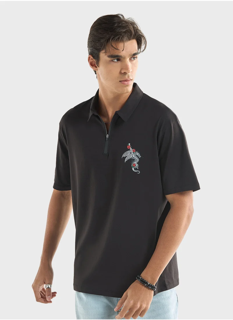 فاف Typographic Print Polo T-shirt with Short Sleeves