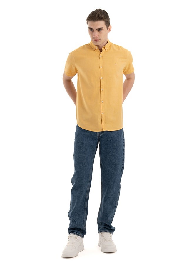 clever - Shirt Men's Stylish Half-sleeve Plaid Oxford, Yellow - Image 1