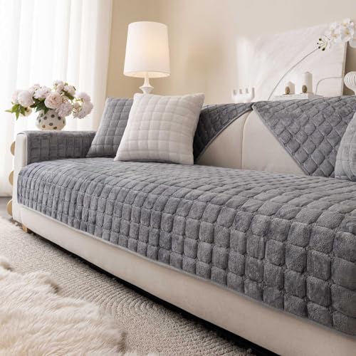 Aucrovee Velvet Washable Couch Cover for Pets Dogs, Non Slip Sectional Sofa Covers for 3 Cushion Couch Sofa L Sharped Sofa Slipcovers, Furniture Protector (1 PCS 36"x82", Dark Grey) - Image 1