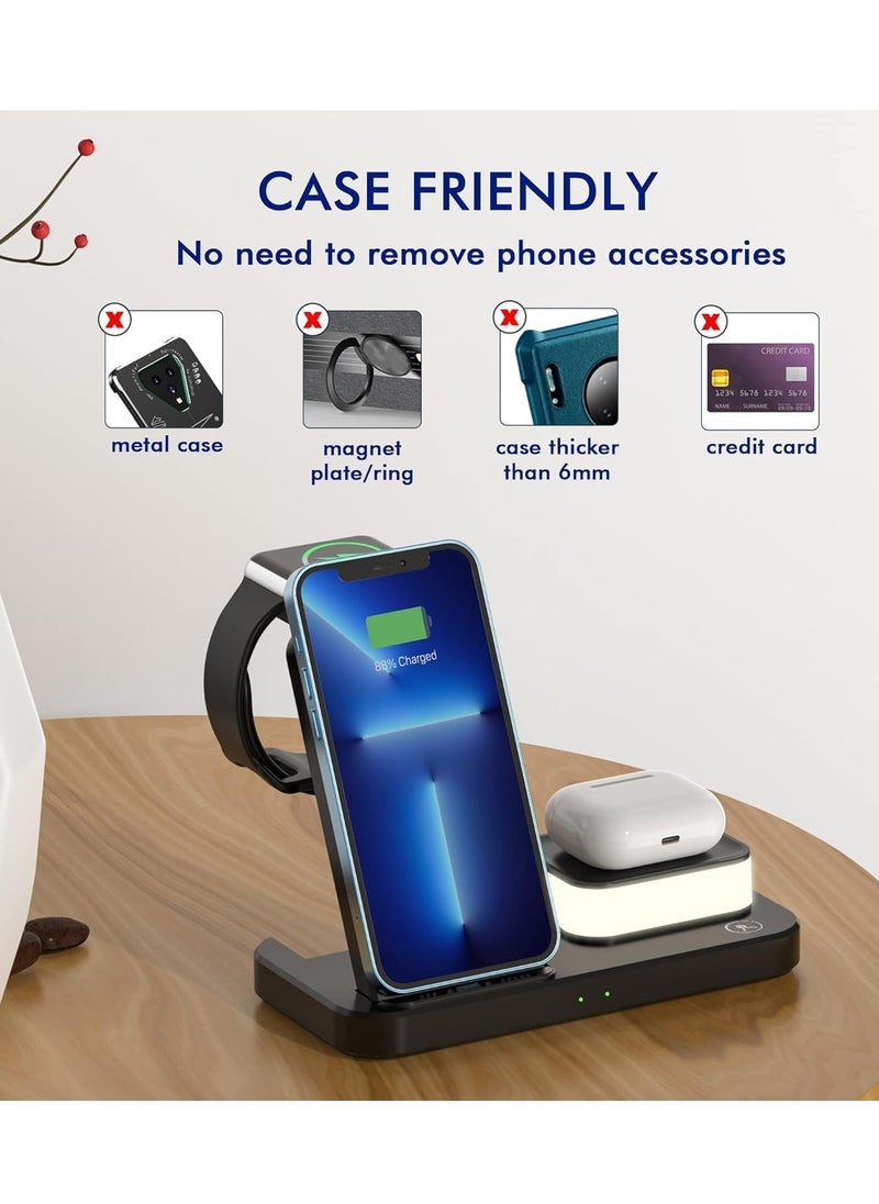 Generic - Wireless Charger for iPhone 15/14/13/Pro/Mini/Max/12/11/XS/XR/X/8/Samsung, 3 in 1 Charging Station Dock Stand with Night Light for Apple iwatch 8/Ultra/7/SE/6/5/4/3/2, For AirPods 3/2/Pro Black - Image 1