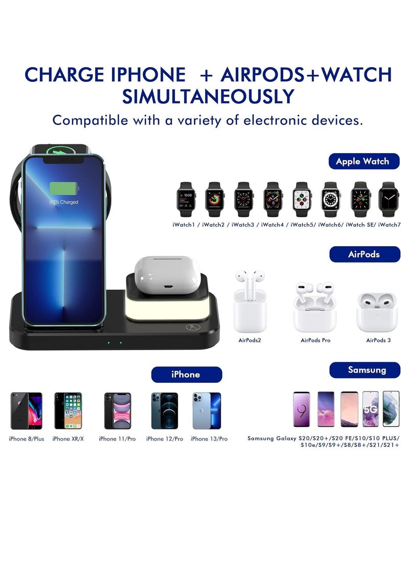 Generic - Wireless Charger for iPhone 15/14/13/Pro/Mini/Max/12/11/XS/XR/X/8/Samsung, 3 in 1 Charging Station Dock Stand with Night Light for Apple iwatch 8/Ultra/7/SE/6/5/4/3/2, For AirPods 3/2/Pro Black - Image 1