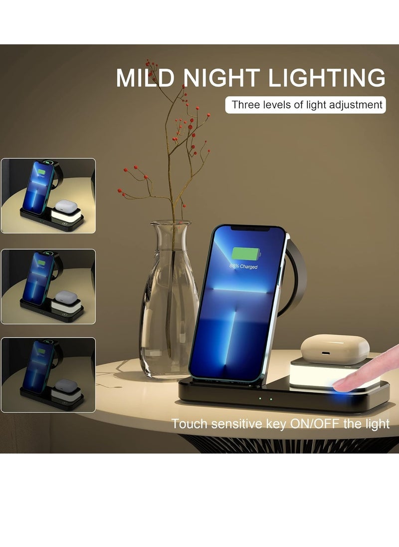 Generic - Wireless Charger for iPhone 15/14/13/Pro/Mini/Max/12/11/XS/XR/X/8/Samsung, 3 in 1 Charging Station Dock Stand with Night Light for Apple iwatch 8/Ultra/7/SE/6/5/4/3/2, For AirPods 3/2/Pro Black - Image 1