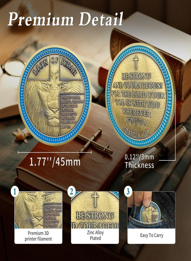 IELCJJ 5pcs Rare Lion of Judah Challenge Coin - Joshua 1 9 Be Strong and Courageous Prayer Coin - Art Pocket Bible Verses Christian Coins - Good Luck Religious Gifts for Men Women - Image 3