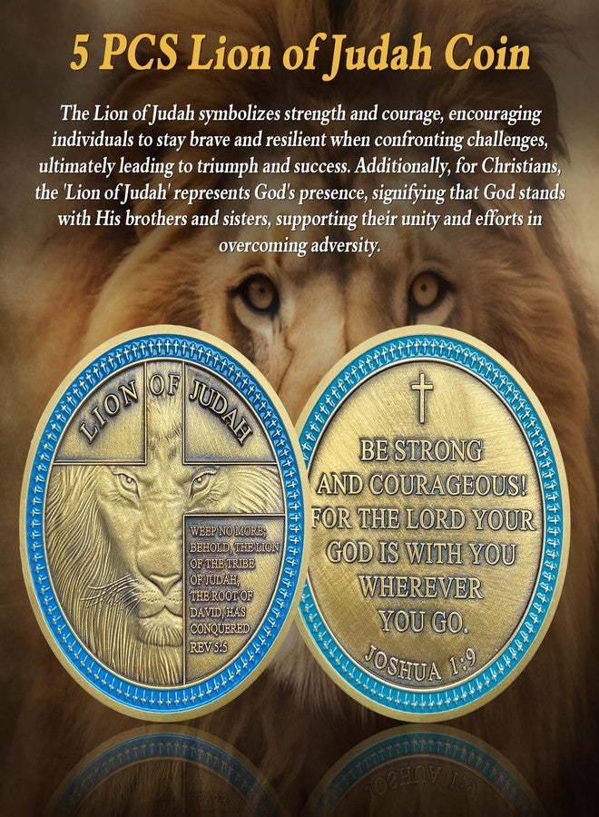 IELCJJ 5pcs Rare Lion of Judah Challenge Coin - Joshua 1 9 Be Strong and Courageous Prayer Coin - Art Pocket Bible Verses Christian Coins - Good Luck Religious Gifts for Men Women - Image 2
