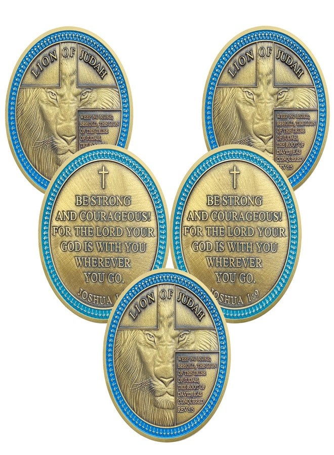 IELCJJ 5pcs Rare Lion of Judah Challenge Coin - Joshua 1 9 Be Strong and Courageous Prayer Coin - Art Pocket Bible Verses Christian Coins - Good Luck Religious Gifts for Men Women - Image 1