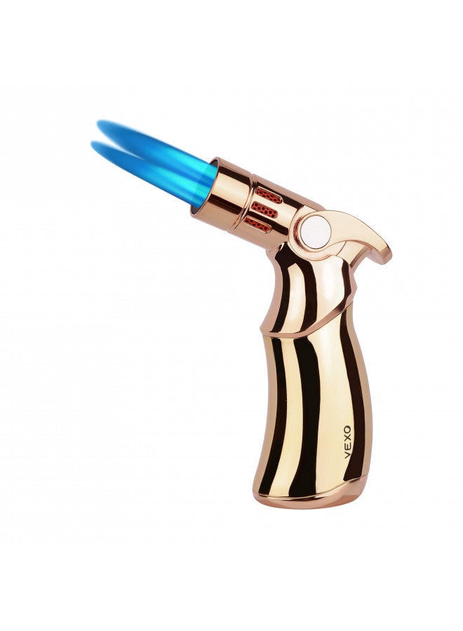 Vexo ولاعة فكسو ميني 4 رباعية اللهب مقاومة للرياح قابلة لإعادة التعبئة للبيوتان لشي الشواء والشموع والتخييم، فكرة هدية رائعة (البيوتان غير مشمول) (ذهبي) - Image 1