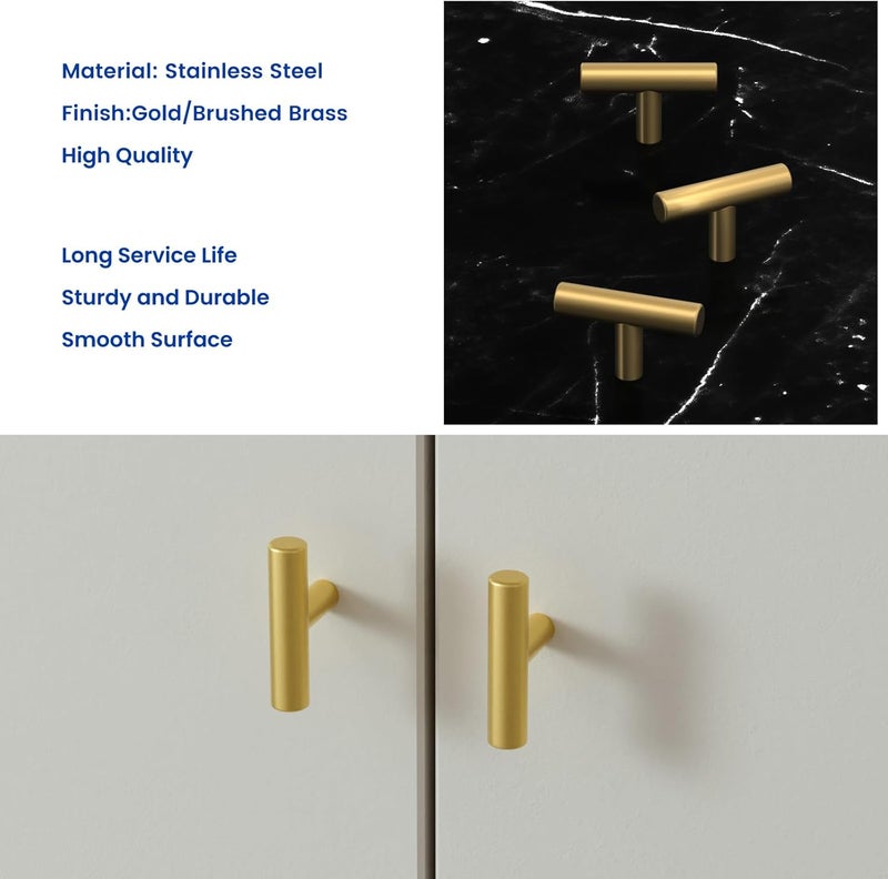 LONTAN 12 Pack Gold Drawer Knobs for Dresser Kitchen Cabinet Knobs Gold Hardware for Cabinets Brushed Brass T Bar Knobs for Dresser Bathroom，Stainless Steel - Image 5