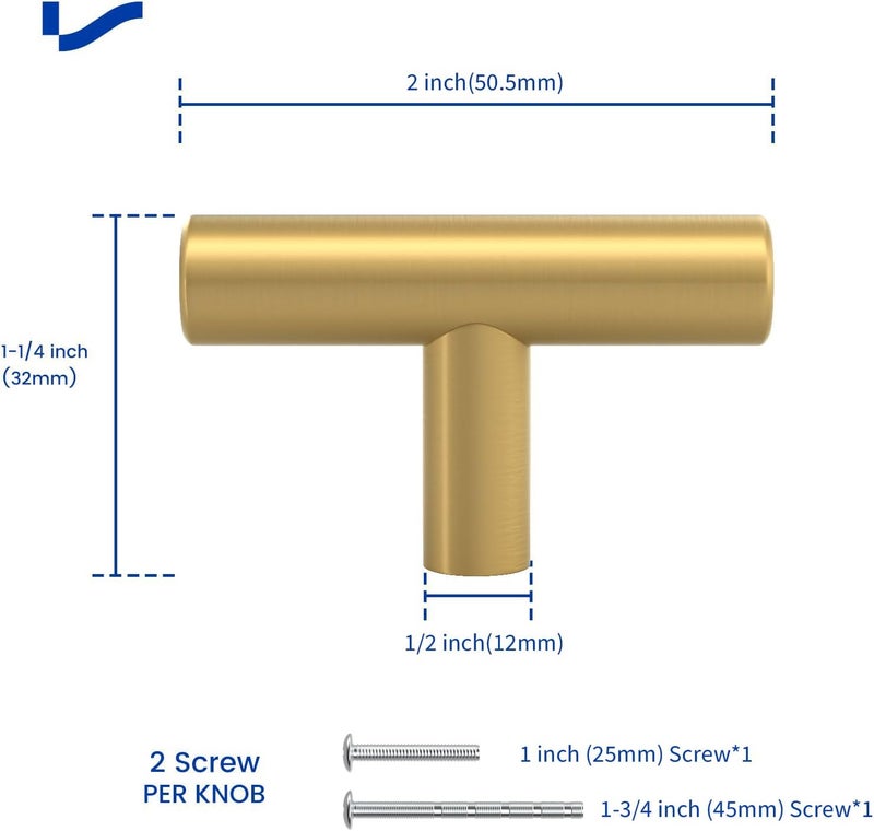 LONTAN 12 Pack Gold Drawer Knobs for Dresser Kitchen Cabinet Knobs Gold Hardware for Cabinets Brushed Brass T Bar Knobs for Dresser Bathroom，Stainless Steel - Image 3