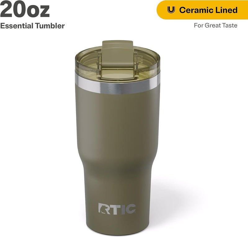 RTIC 20oz Essential Tumbler with Lid, Ceramic Lined, Insulated, Stainless Steel, Metal, Double Wall Vacuum-Insulation, Travel Cup for Iced Coffee, Tea, Hot and Cold Drink, Olive - Image 2