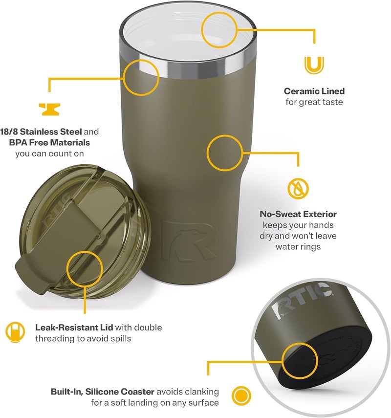 RTIC 20oz Essential Tumbler with Lid, Ceramic Lined, Insulated, Stainless Steel, Metal, Double Wall Vacuum-Insulation, Travel Cup for Iced Coffee, Tea, Hot and Cold Drink, Olive - Image 4