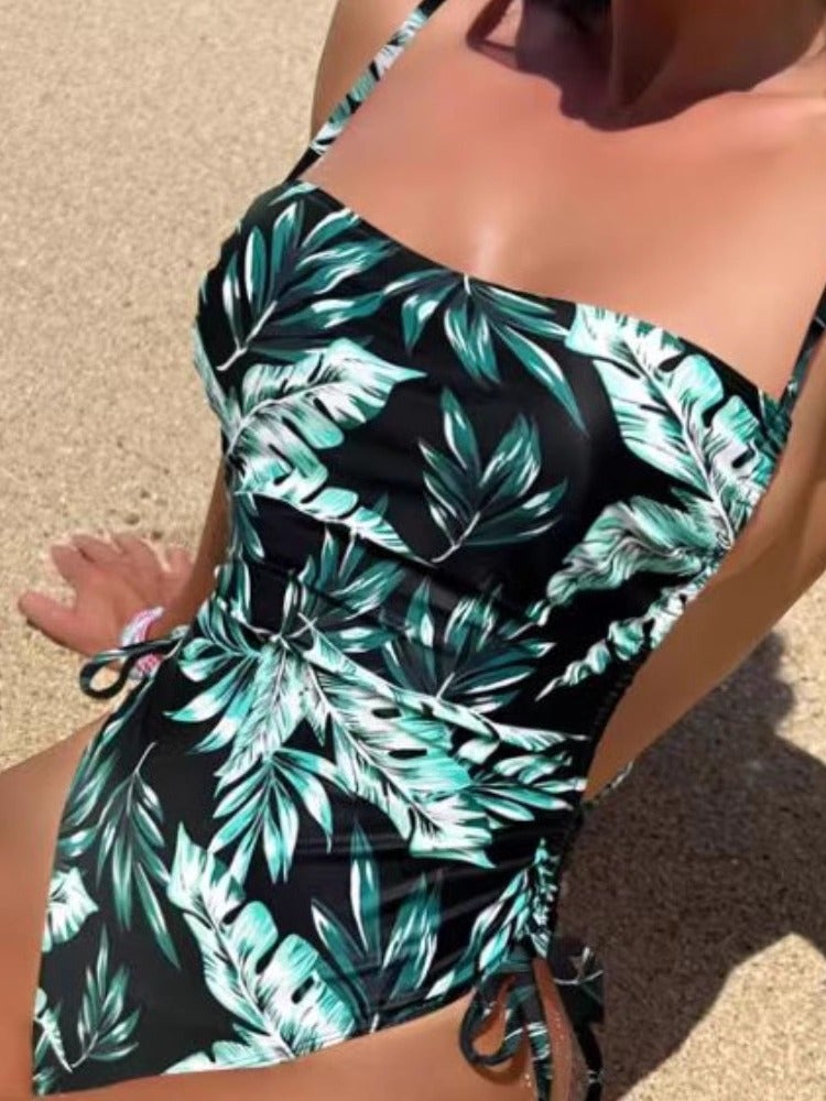 New 2024 Printed Vintage One-Part Triangle Backless Belly Covering Bikini Slim Floral Swimsuit - Image 2