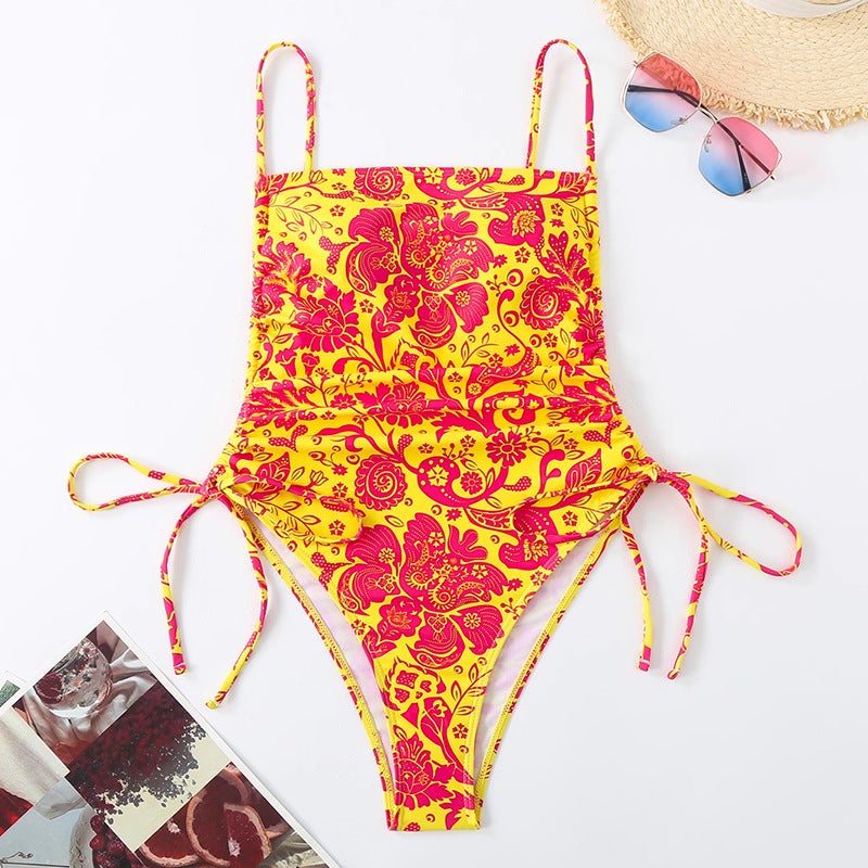 New 2024 Printed Vintage One-Part Triangle Backless Belly Covering Bikini Slim Floral Swimsuit - Image 1