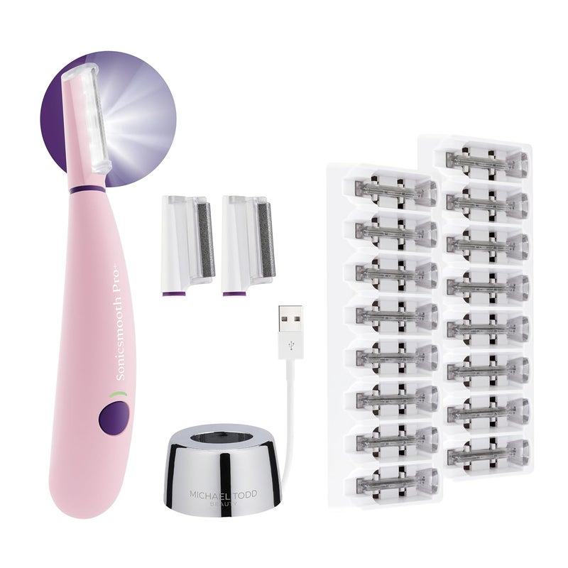 Michael Todd Beauty - Sonicsmooth Pro+ - Dermaplane Razor for Women Face - Dermaplaning System w/LED Light - Women's Peach Fuzz Remover - 16 Dermaplaning Blades & 2 Microsmooth Microdermabrasion Tips
