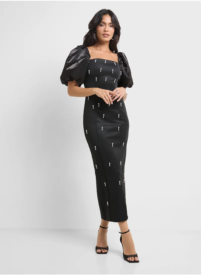 ELLA Embellished Dress With Puff Sleeves