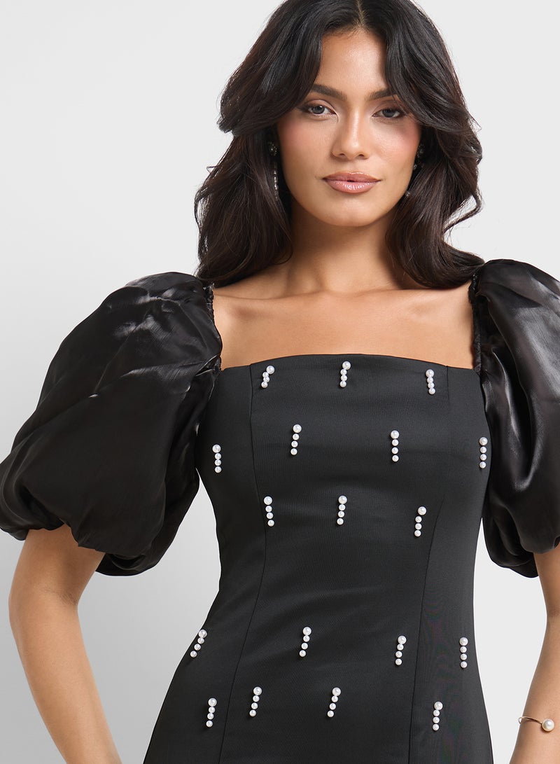 ELLA Satin Puff Sleeve Dress  - Image 3