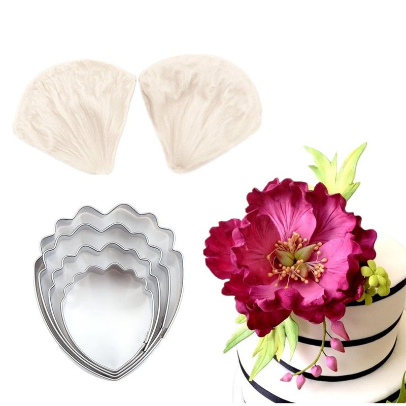 Colorkitchenware 4pcs Gumpaste Flower Cutter Set 2pcs Fondant Silicone Mold Gumpaste Peony Sugarcraft Fondant Flower Veining Mold Chocolate Making Tool - Image 1