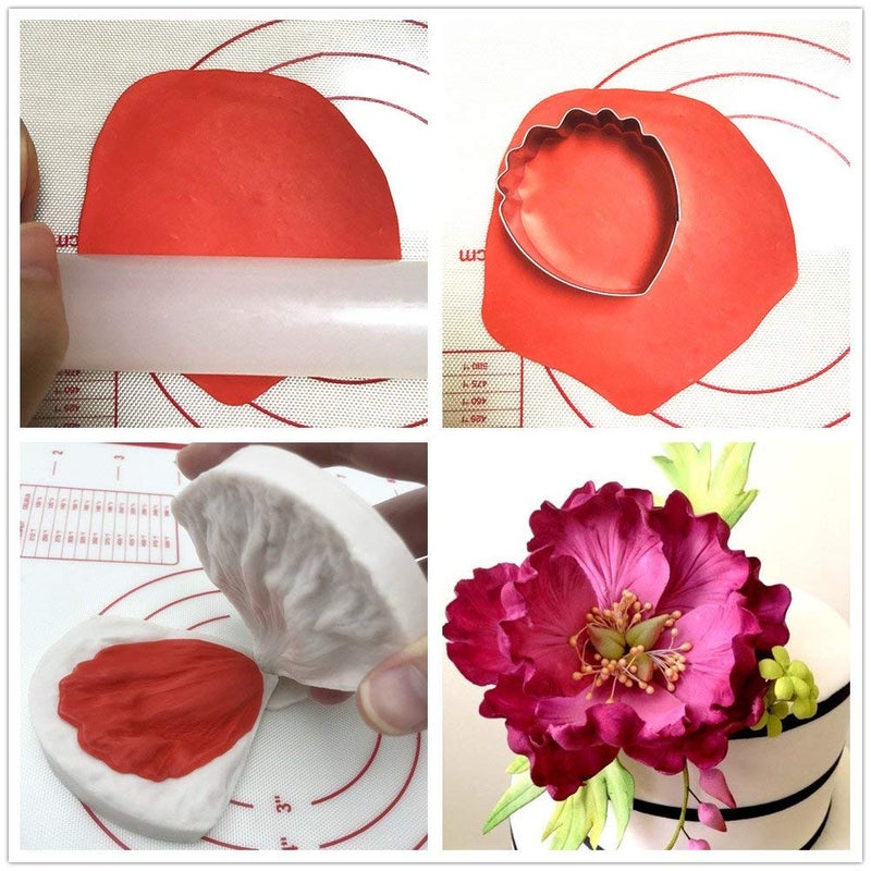 Colorkitchenware 4pcs Gumpaste Flower Cutter Set 2pcs Fondant Silicone Mold Gumpaste Peony Sugarcraft Fondant Flower Veining Mold Chocolate Making Tool - Image 5