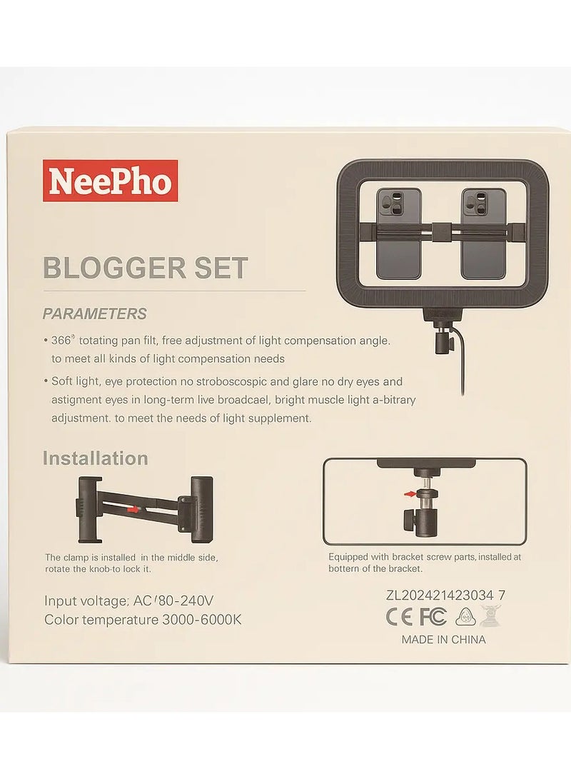 ني فو مجموعة NeePho NP-35 Blogger - إضاءة LED حلقية مع حامل هاتف مزدوج (يناسب هاتفين)، 3000-6000 - Image 3